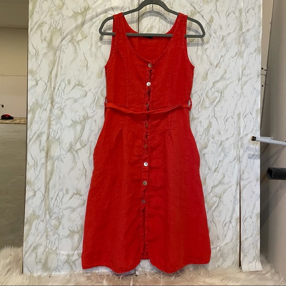 Lungo Larno 100% linen coral pink sundress button up pockets belt summer medium - Picture 2 of 11